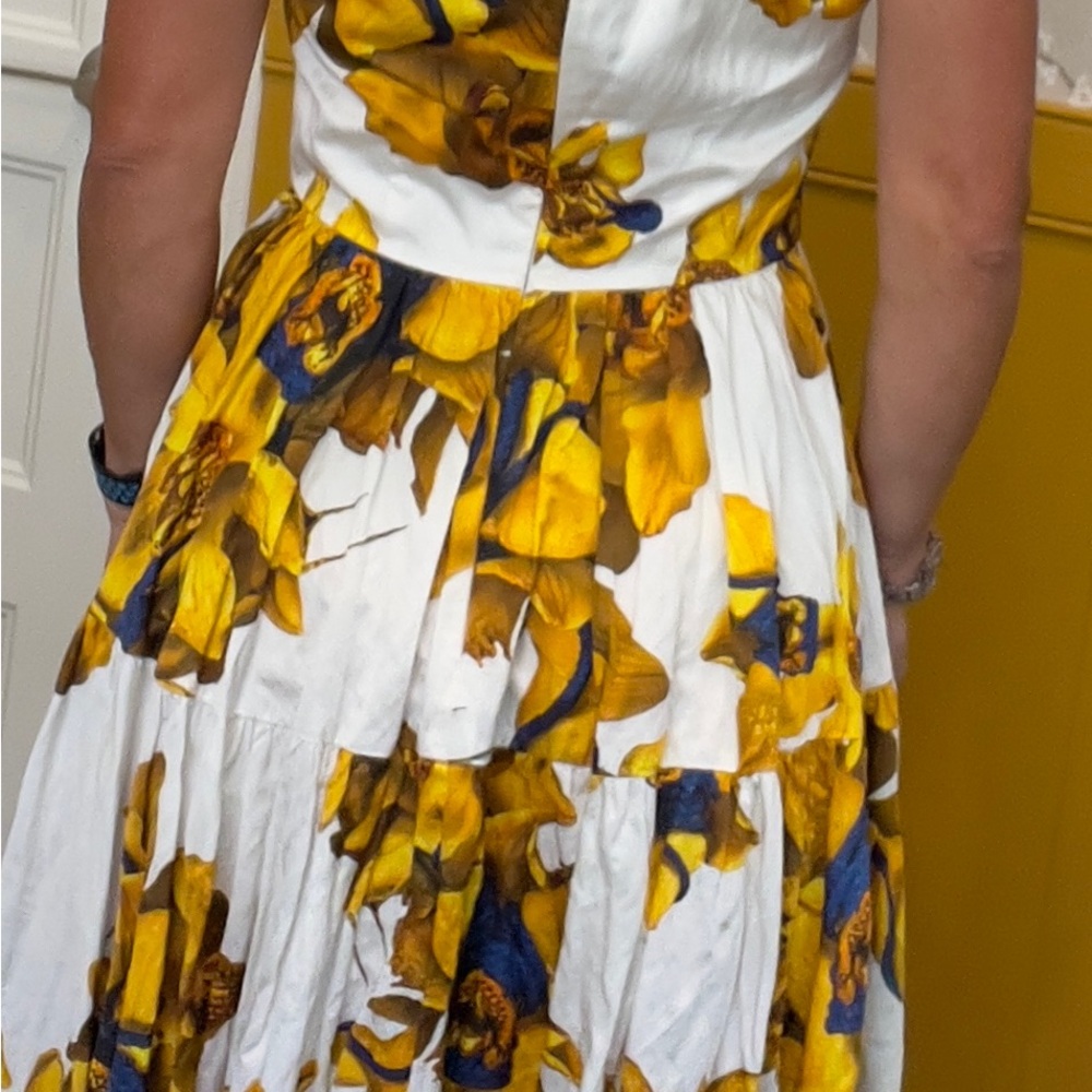 Jason Wu Boat Neck, Cap Sleeve Midi Dress White w/ Yellow Abstract Floral Print - Picture 5 of 6